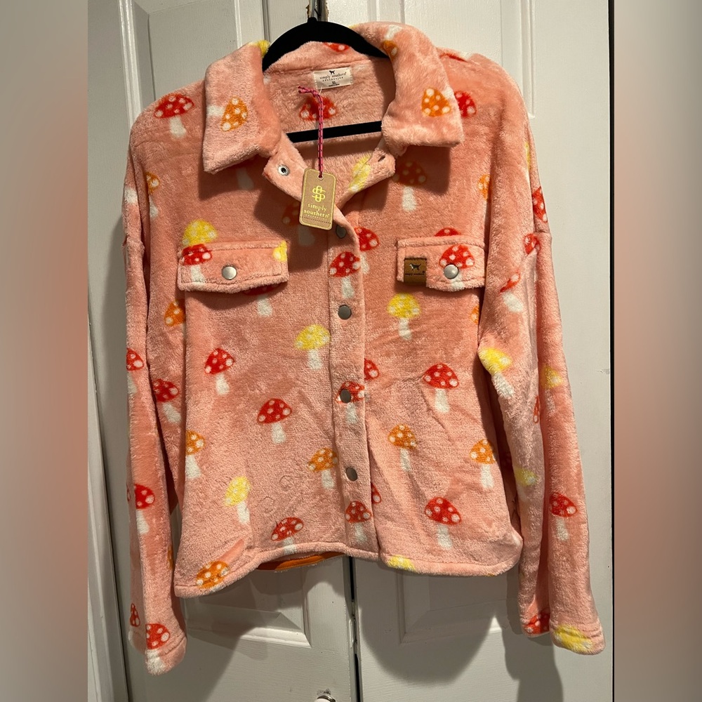NWT Mushroom Print, Snap Front, SOFT & Fuzzy Jacket - Peach Color Background - Picture 2 of 10